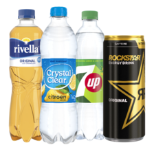 Rivella, Crystal Clear, 
7Up of Sourcy flesje à 500 ml 
of Rockstar blikje à 250 ml